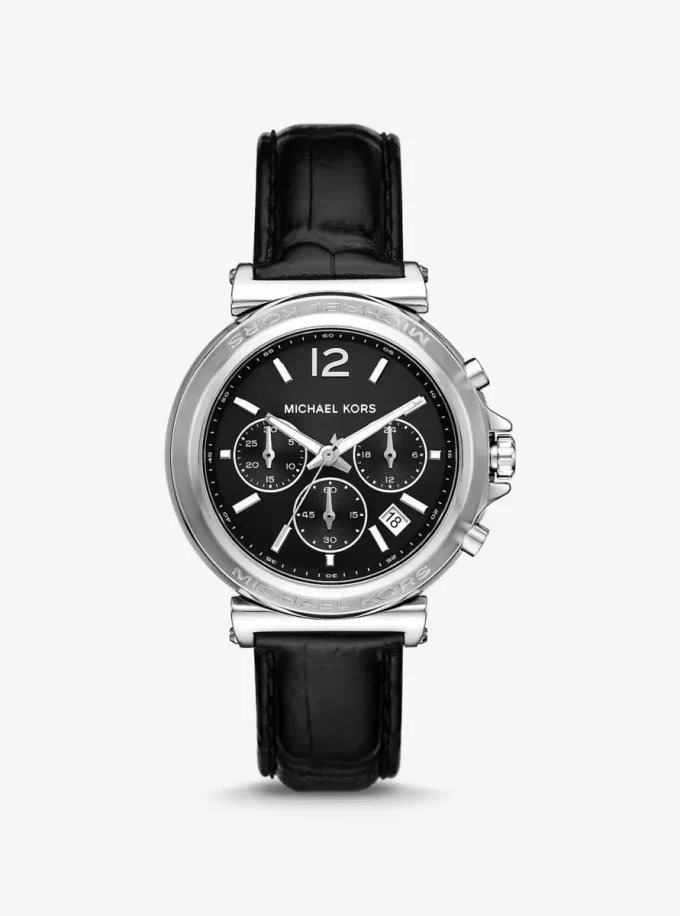 Übergroße Maren-Uhr in Silberoptik mit Lederarmband in Krokodilprägung