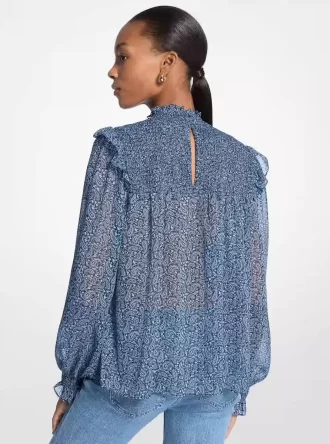 Bluse aus Georgette mit Metallic-Paisley-Print und Smokdetails