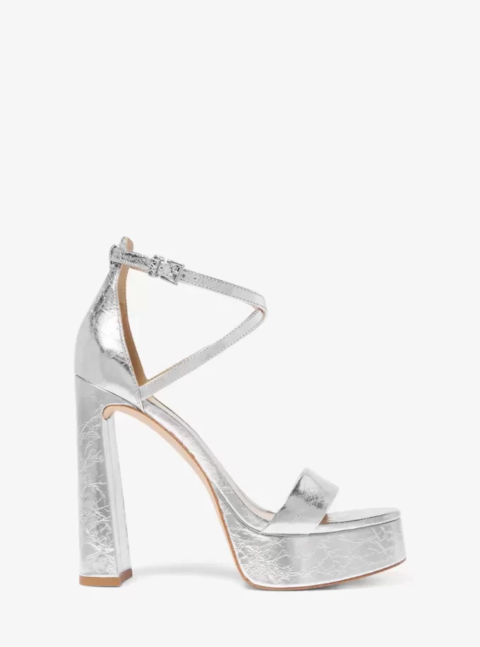 Cami Plateau-Sandalen aus geknacktem Metallic-Leder