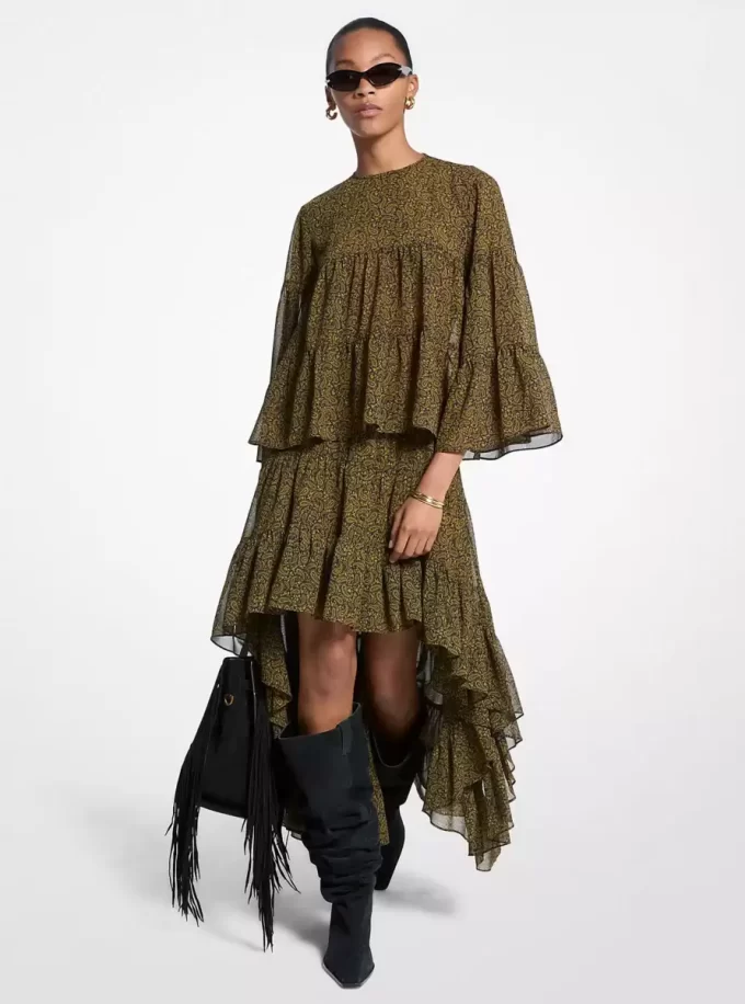 Georgette-Rock mit Paisley-Muster, asymmetrischem Saum und Stufenrock