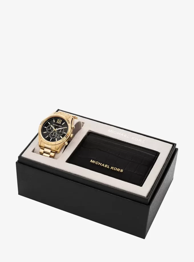 Geschenkset: Übergroße Lexington-Uhr in Goldoptik und Kartenetui aus geprägtem Leder mit Krokodilprägung