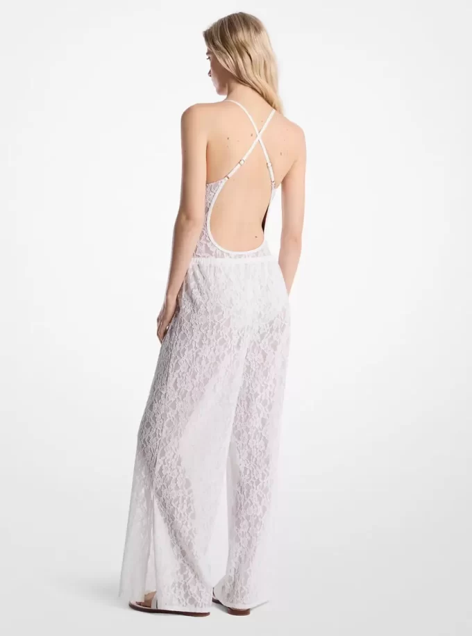 Hose aus Stretch-Nylon mit floraler Spitze und Kordelzug Hose aus Stretch-Nylon mit floraler Spitze und Kordelzug