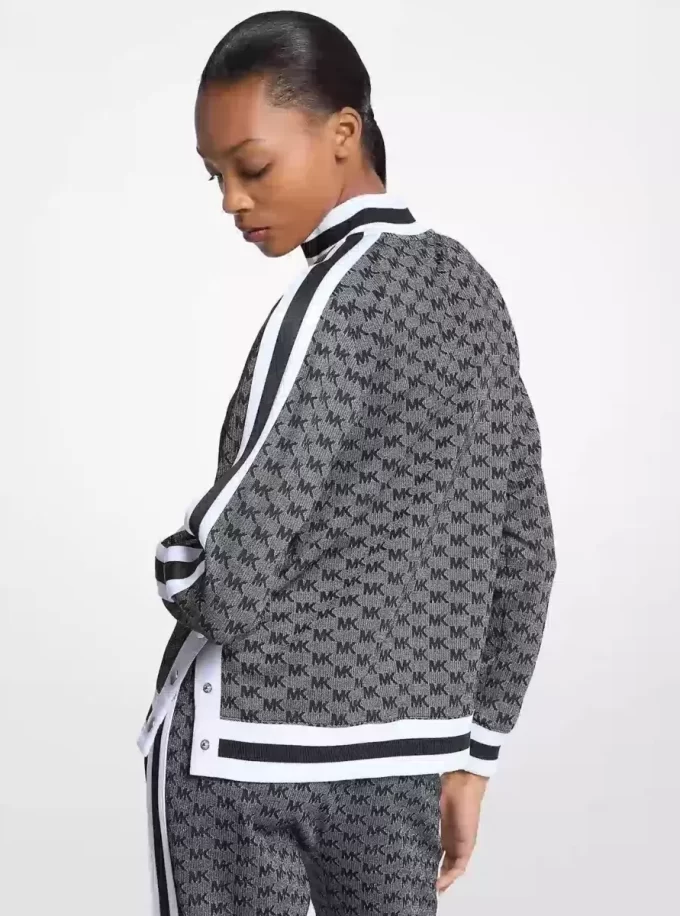 Jacke aus metallisch schimmerndem Stretch-Strick mit Logoprint und halbem Reißverschluss