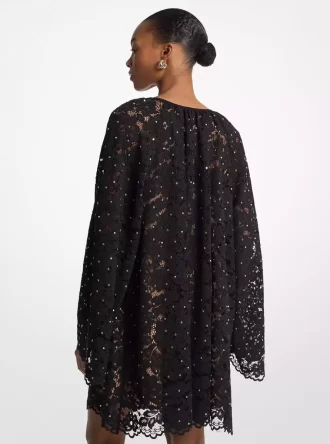 Kleid mit Nieten, Kordel, floraler Spitze und V-Ausschnitt