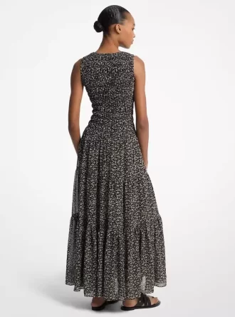 Maxikleid aus Georgette mit Blumenmuster und Smokdetails