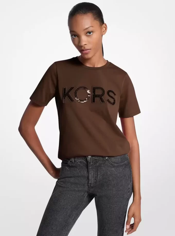 Paillettenbesetztes Logo-Baumwoll-T-Shirt Paillettenbesetztes Logo-Baumwoll-T-Shirt