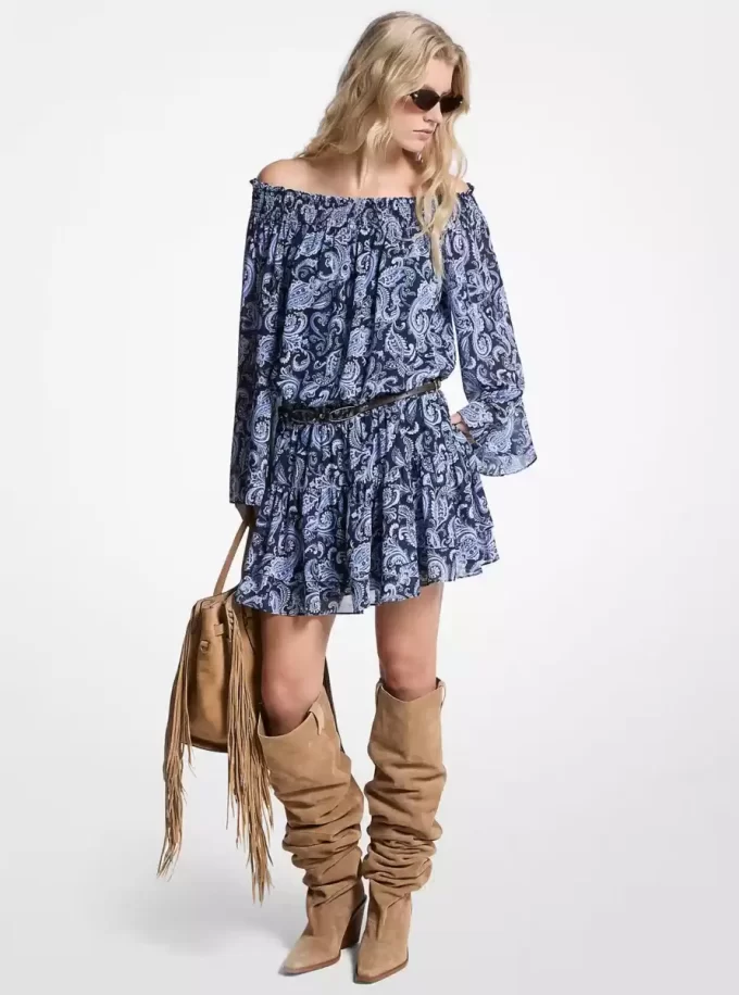 Paisley-Georgette-Kleid mit schulterfreiem Ausschnitt