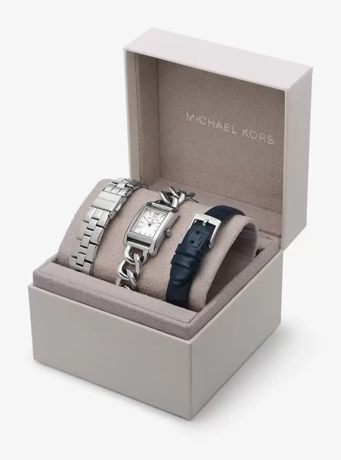 Petite Monroe Uhrenarmband-Set aus silberfarbenem und krokodilgeprägtem Leder