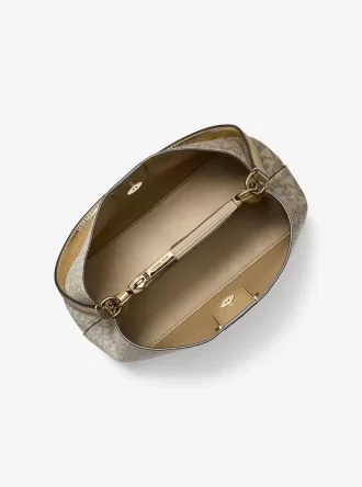 Pratt Medium Zweifarbige Metallic-Schultertasche mit charakteristischem Logo