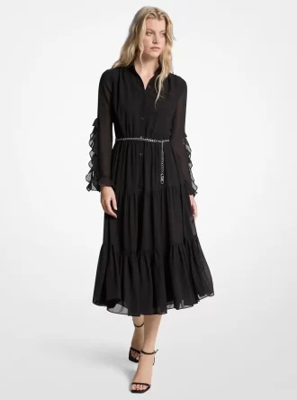 Rüschenkleid aus Georgette, Midi-Länge