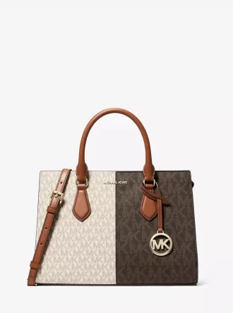 Sheila Medium Two-Tone Metallic Signature Logo Satchel