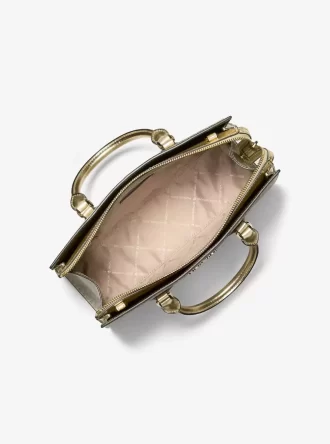 Sheila Medium Two-Tone Metallic Signature Logo Satchel