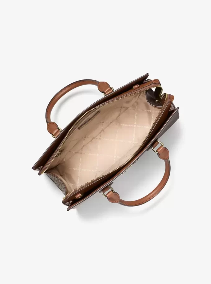 Sheila Medium Two-Tone Metallic Signature Logo Satchel