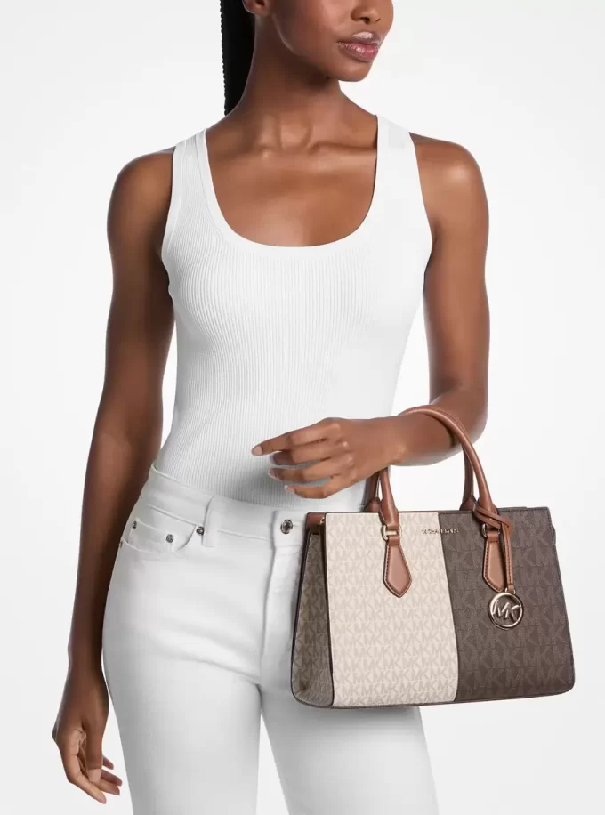 Sheila Medium Two-Tone Metallic Signature Logo Satchel