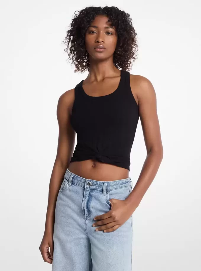 Tanktop aus geripptem Stretch-Strick mit Bindeband vorne